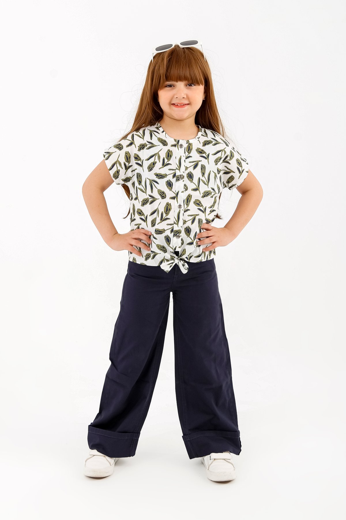 The "Milano" Premium Summer Set - Tulip Bud Blouse & Royal Navy Wide-Leg Pants