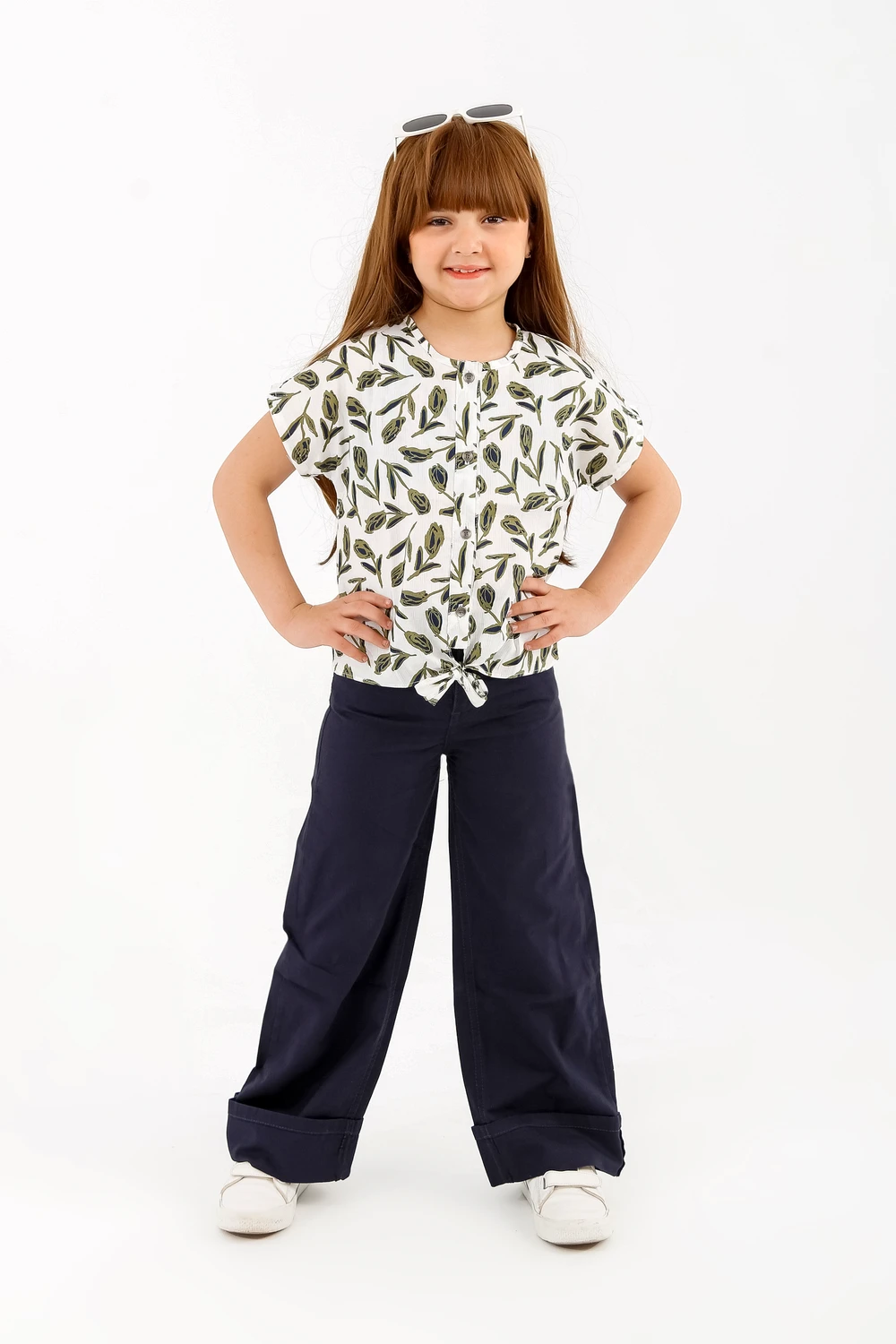 The "Milano" Premium Summer Set - Tulip Bud Blouse & Royal Navy Wide-Leg Pants
