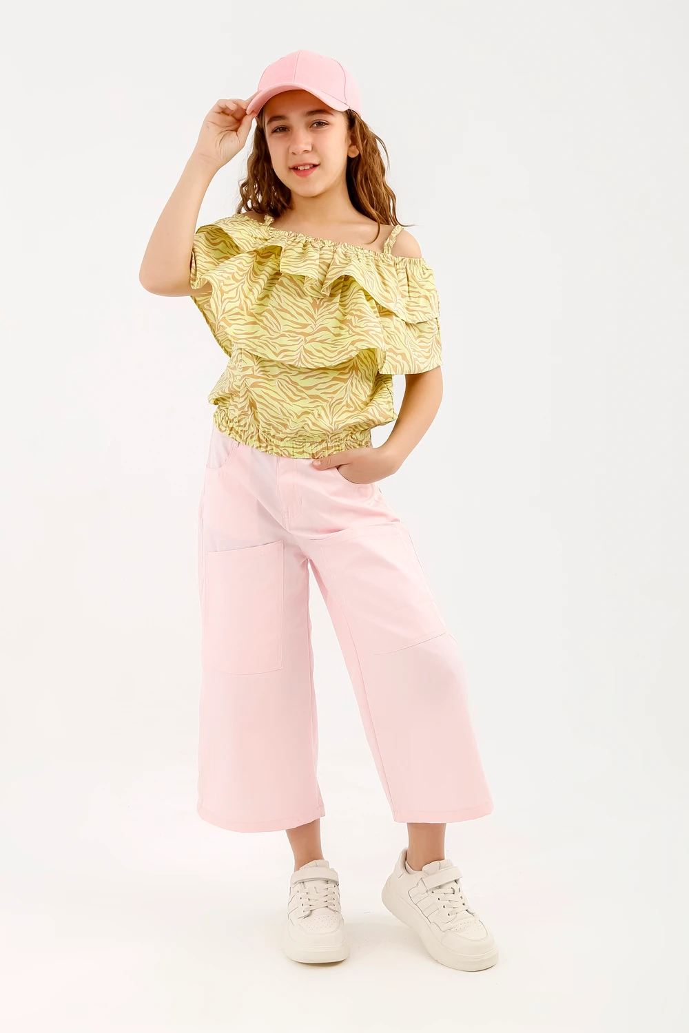 Girls’ Yellow Zebra Print Off-Shoulder Top and Pink Pants Set