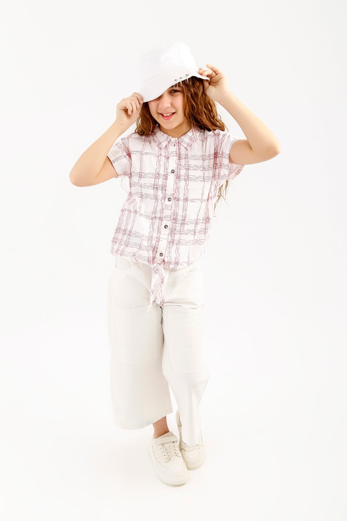 Girls Plaid Tie-Front Shirt and White Cargo Culottes Set