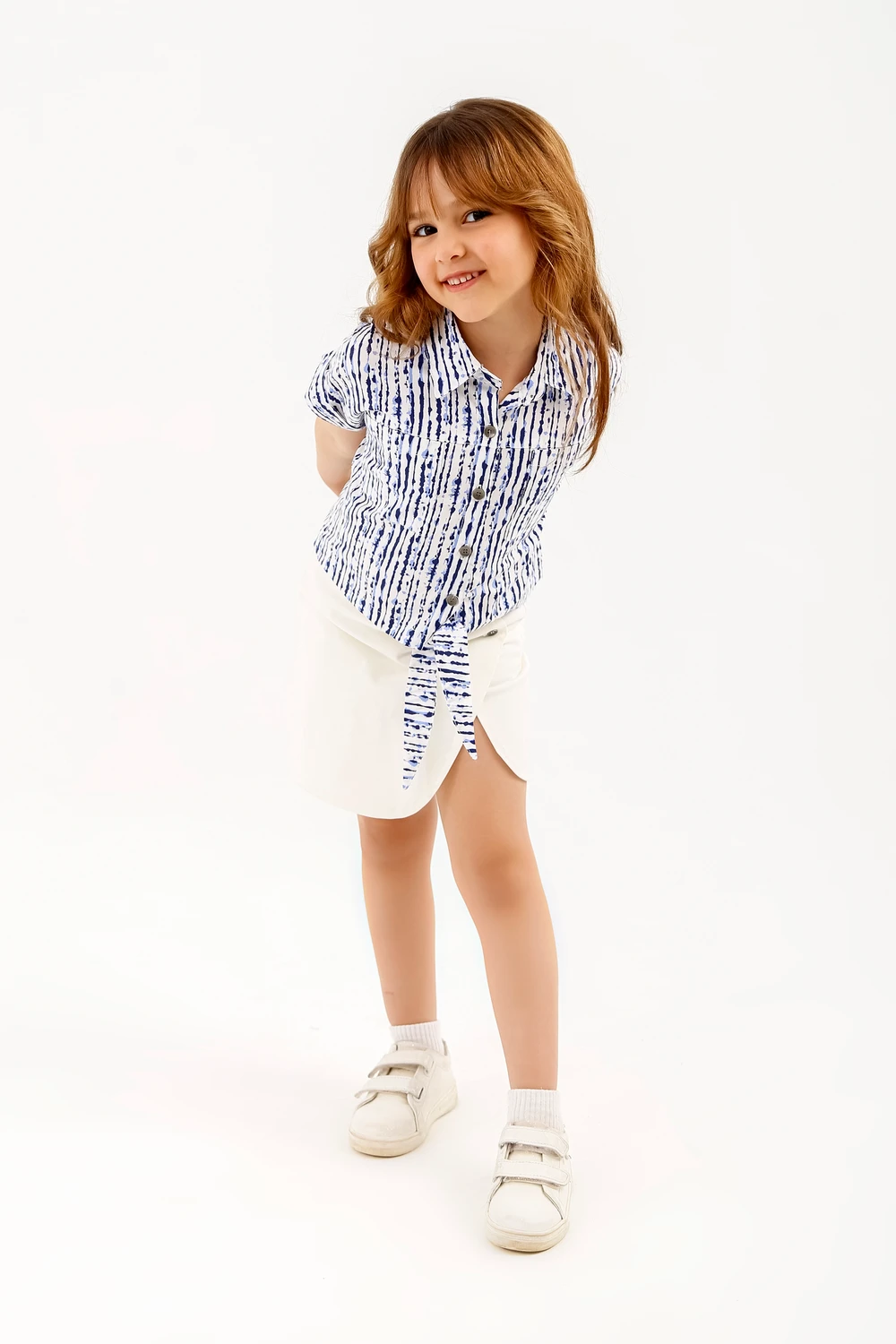 Girls Blue Stripe Tie-Front Crop Shirt & White Skirt Set