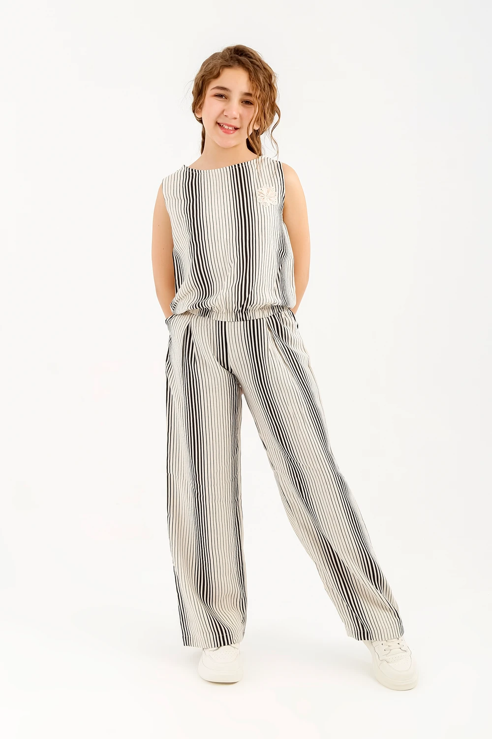 Monochrome Vertical Stripe Sleeveless Jumpsuit – Summer Wide Leg Romper