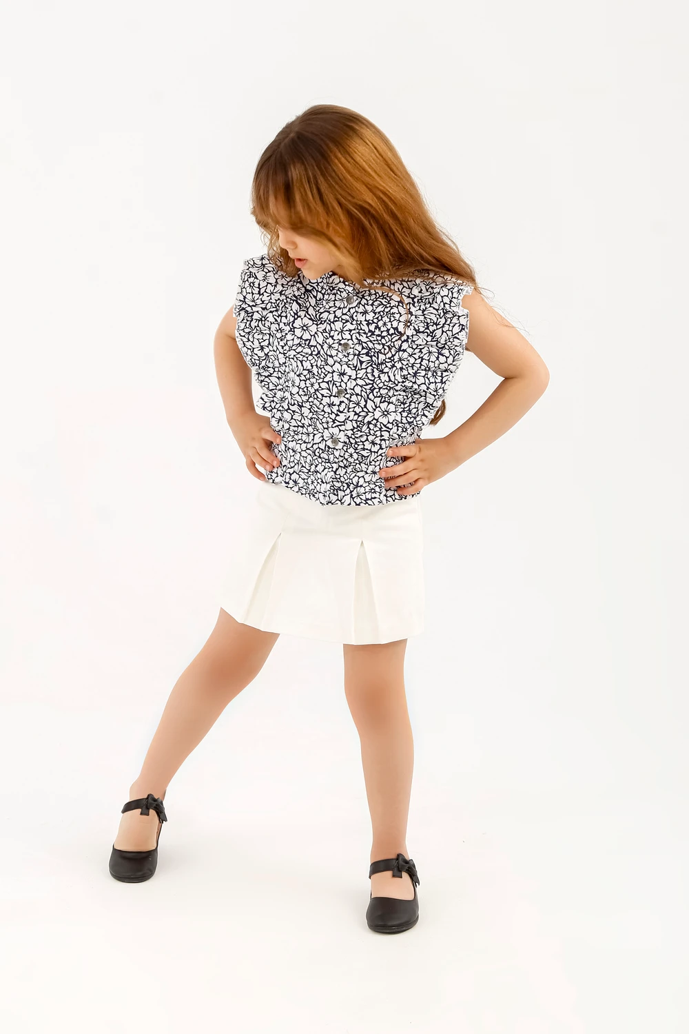 Navy Floral Ruffle Top & White Skirt Set