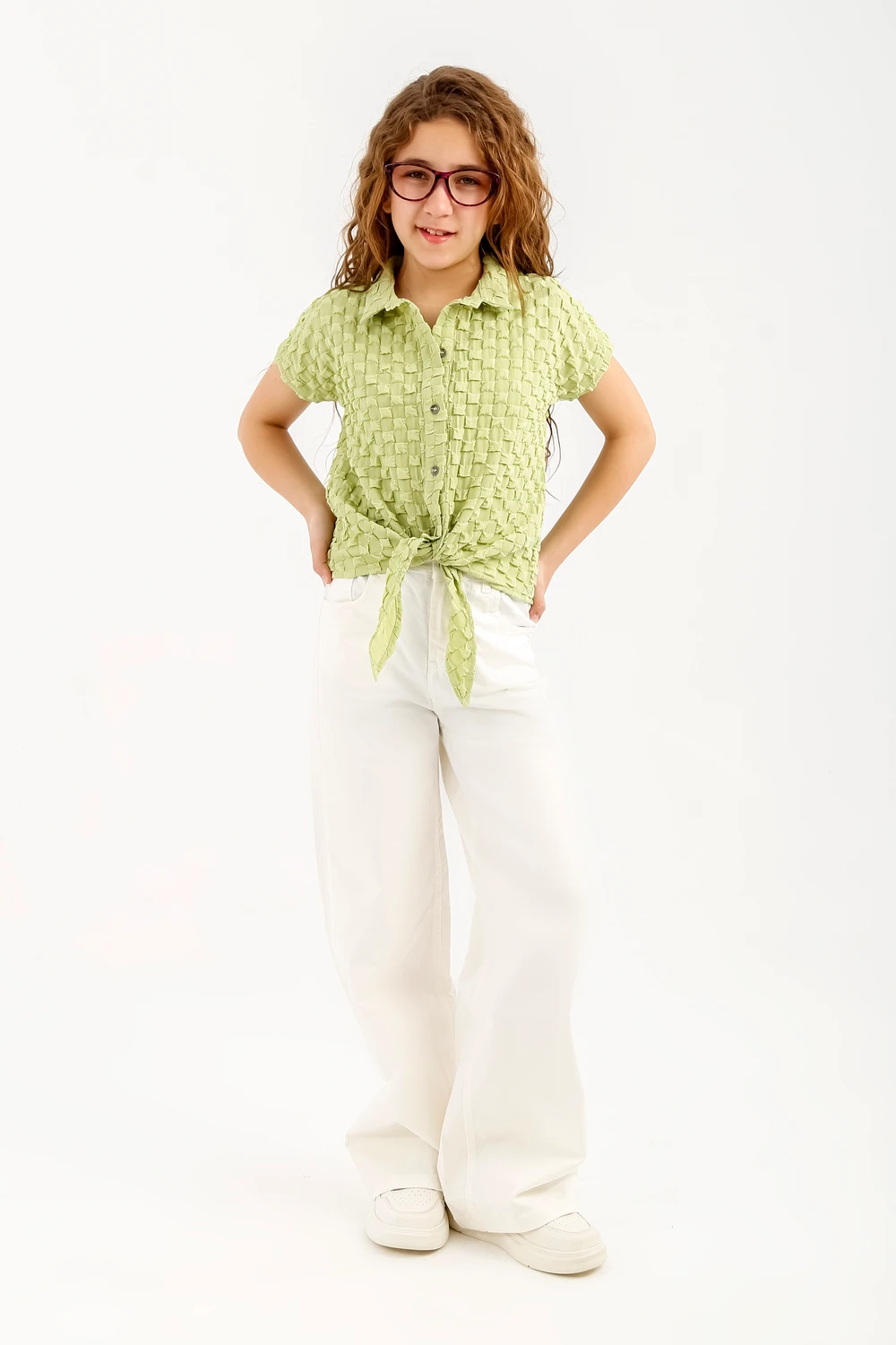 Girls Summer Set - Textured Checked Tie-Front Shirt with Wide-Leg White Pants
