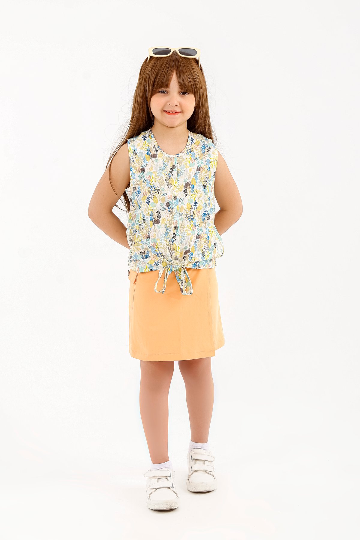The "Valentina" Premium Summer Ensemble - Tropical Floral Blouse & Elegant Peach Skort