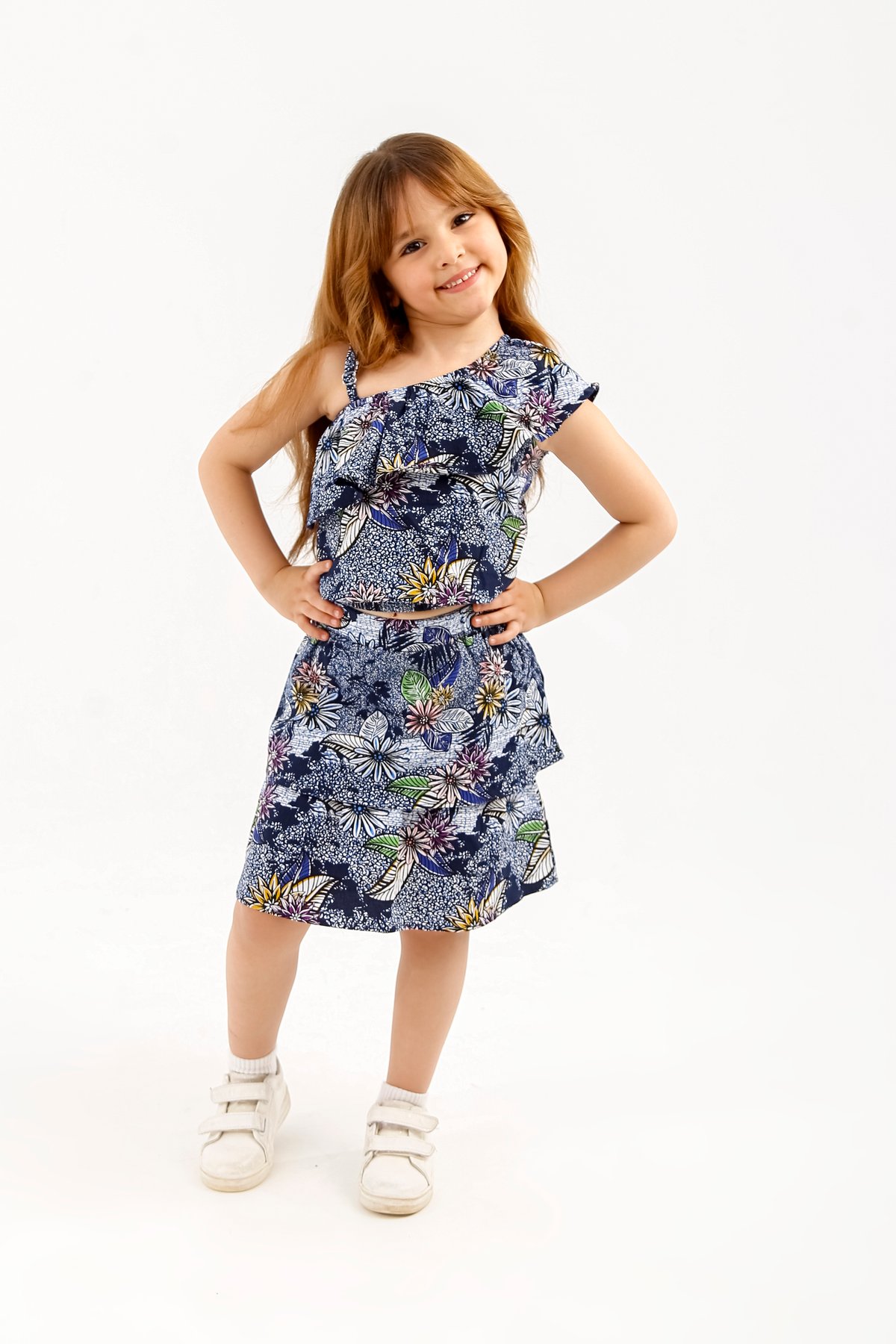 Girls Navy Floral Ruffle Set