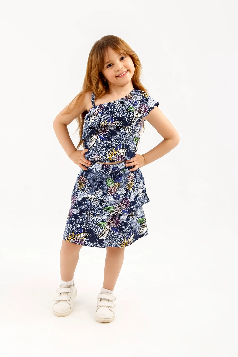 Girls Navy Floral Ruffle Set