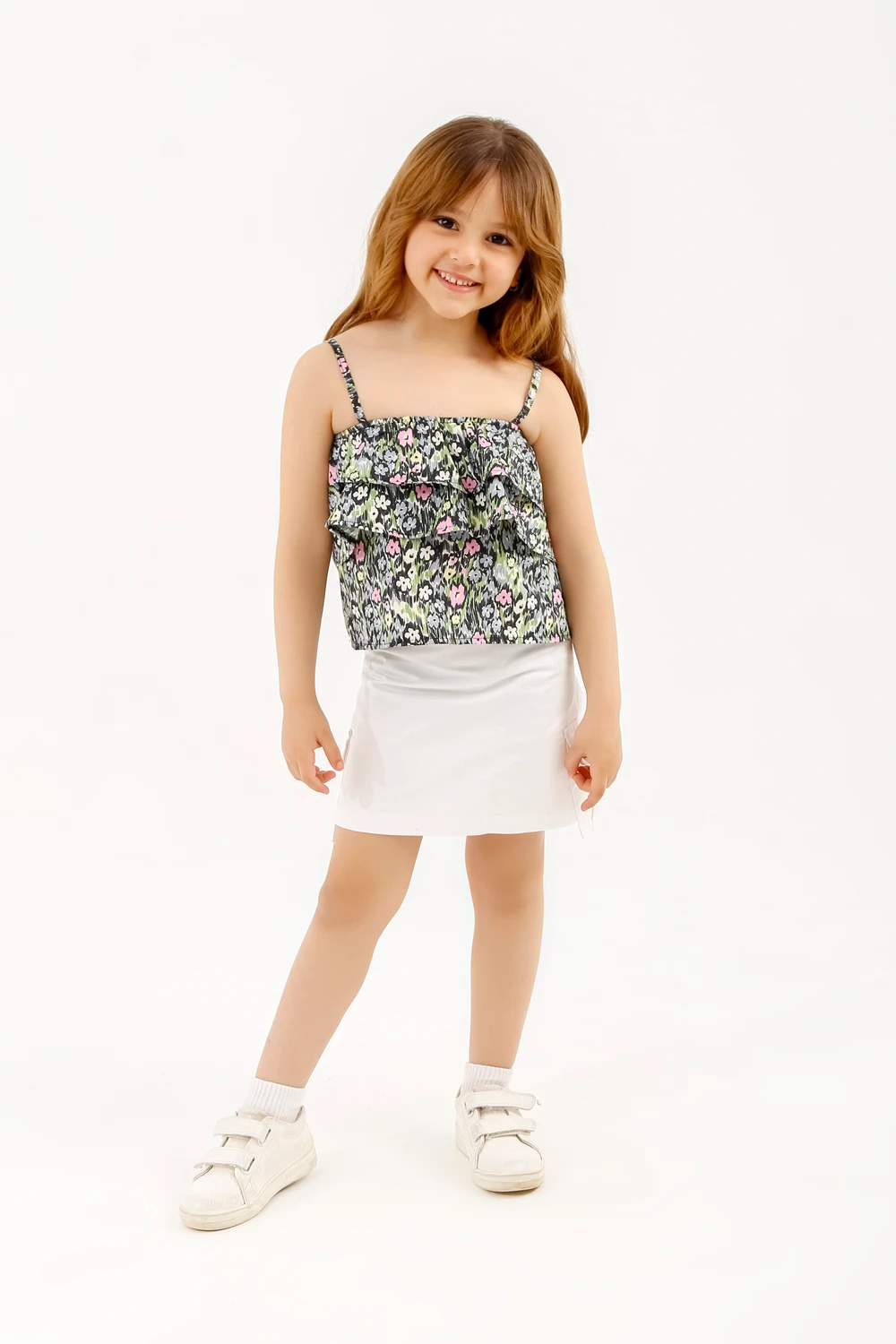 Girls Floral Cami Top & White Skirt Set