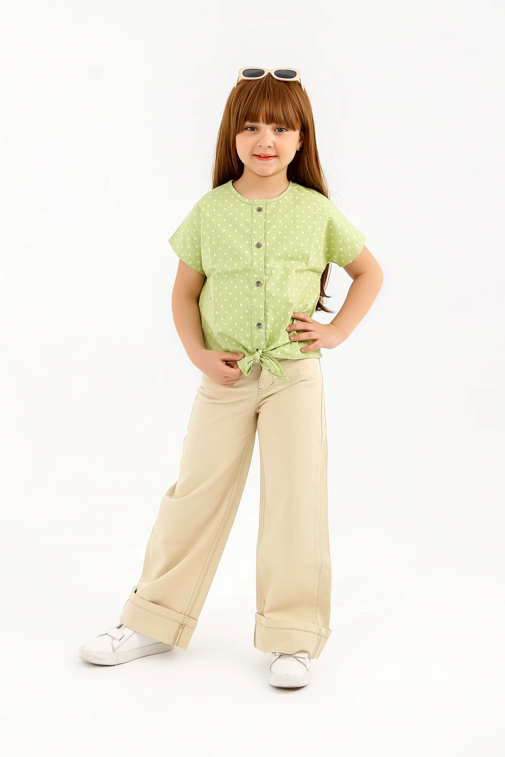The "Valencia" Premium Summer Ensemble - Polka Dot Apple Green Blouse & Wide-Leg Sand Beige Pants