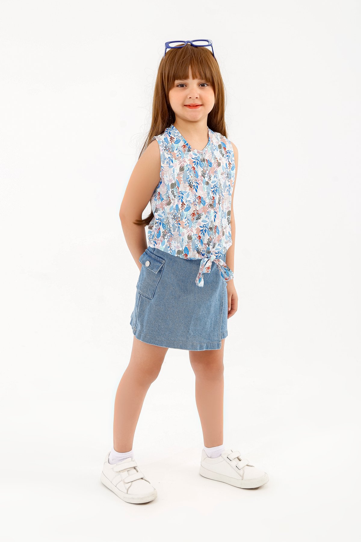 The "Florence" Premium Summer Ensemble - Tropical Floral Blouse & Textured Denim Skort