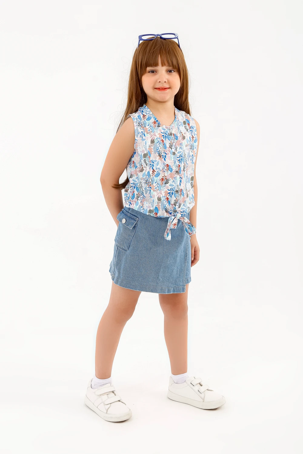 The "Florence" Premium Summer Ensemble - Tropical Floral Blouse & Textured Denim Skort
