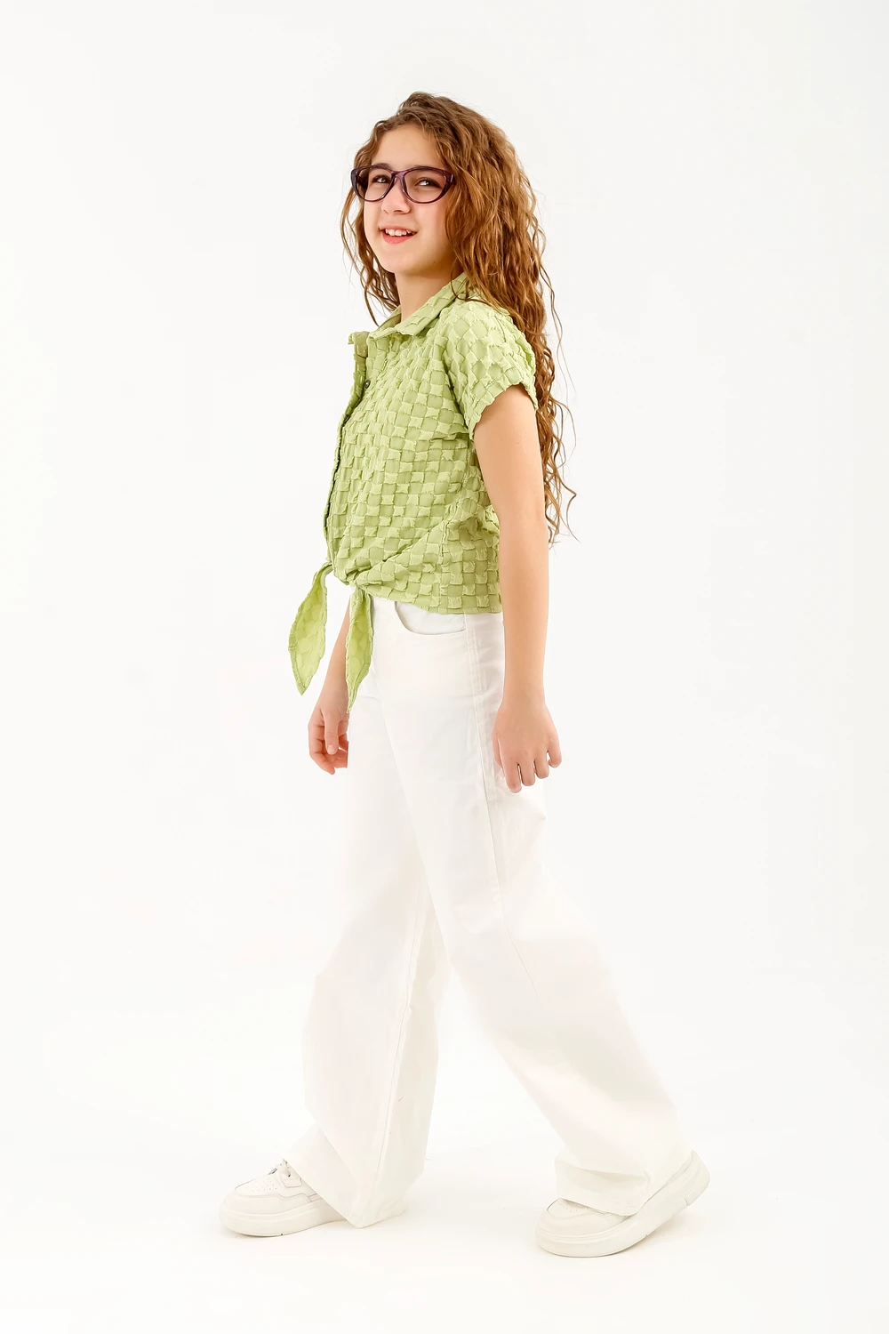 Girls Summer Set - Textured Checked Tie-Front Shirt with Wide-Leg White Pants