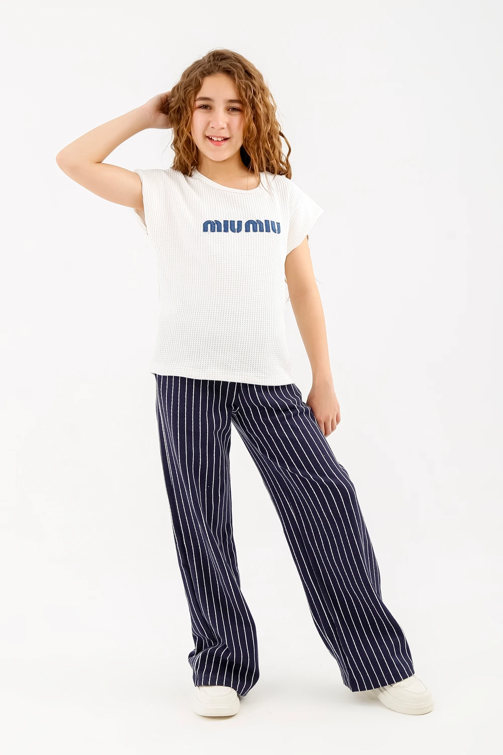 Girls Casual Waffle Knit Logo Tee and Navy Pinstripe Wide-Leg Pants Set