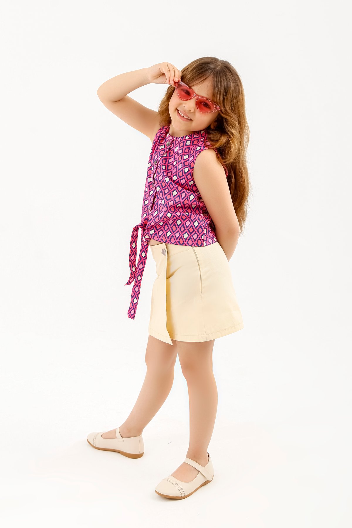 Pink Geo Print Top & Beige Skirt Set