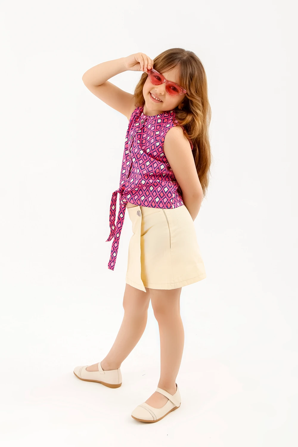 Pink Geo Print Top & Beige Skirt Set