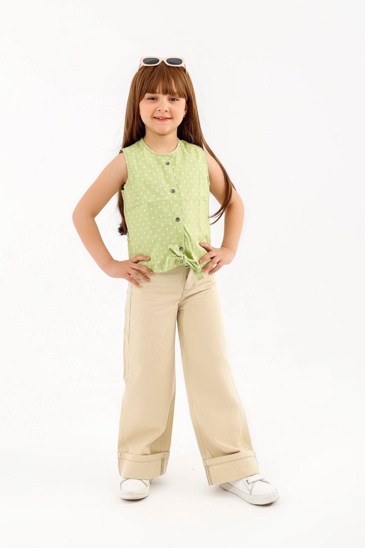 The "Valencia" Premium Summer Ensemble - Polka Dot Apple Green Blouse & Wide-Leg Sand Beige Pants