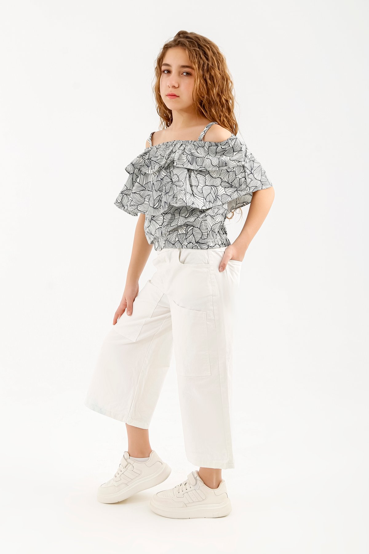 Girls Cold Shoulder Ruffle Top and White Culottes Set
