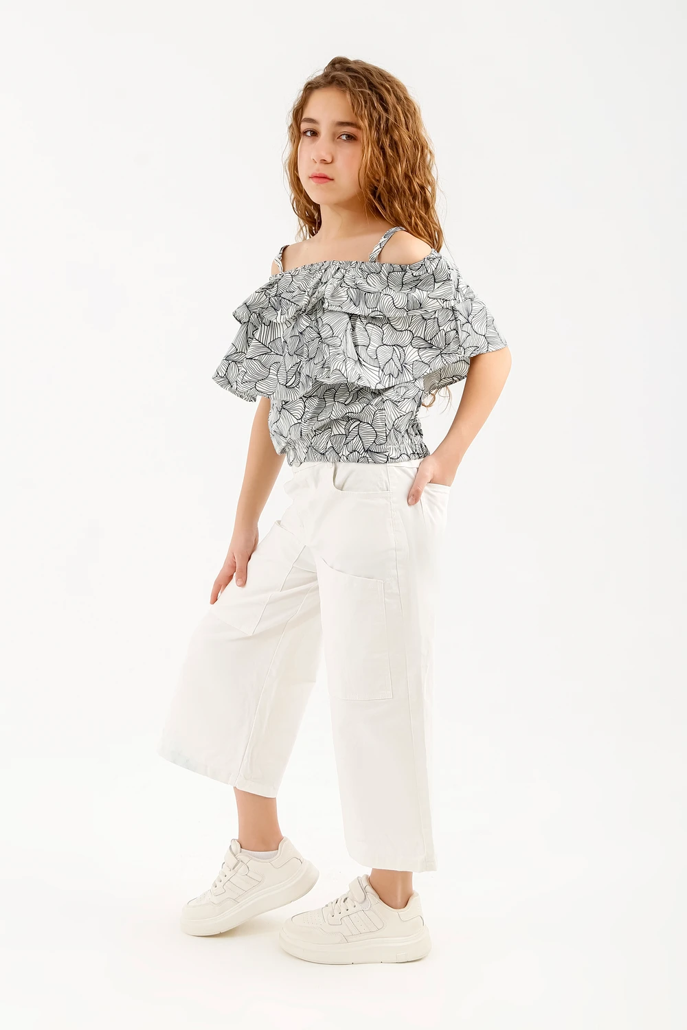 Girls Cold Shoulder Ruffle Top and White Culottes Set